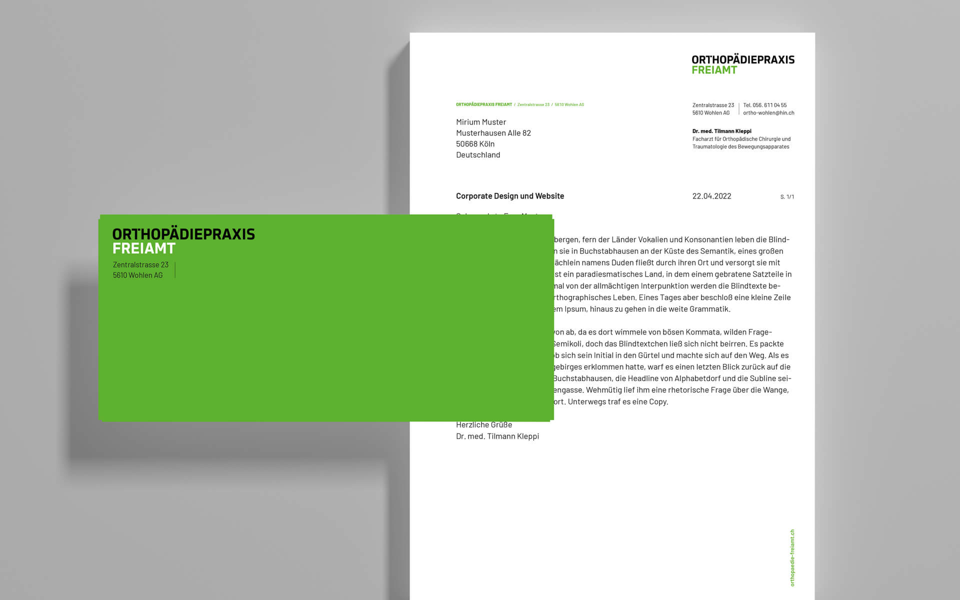 Corporate Design und Webdesign, Orthopädiepraxis Freiamt in der Schweiz, Gestaltung der Geschäftsausstattung, Briefbogen und Kuvert