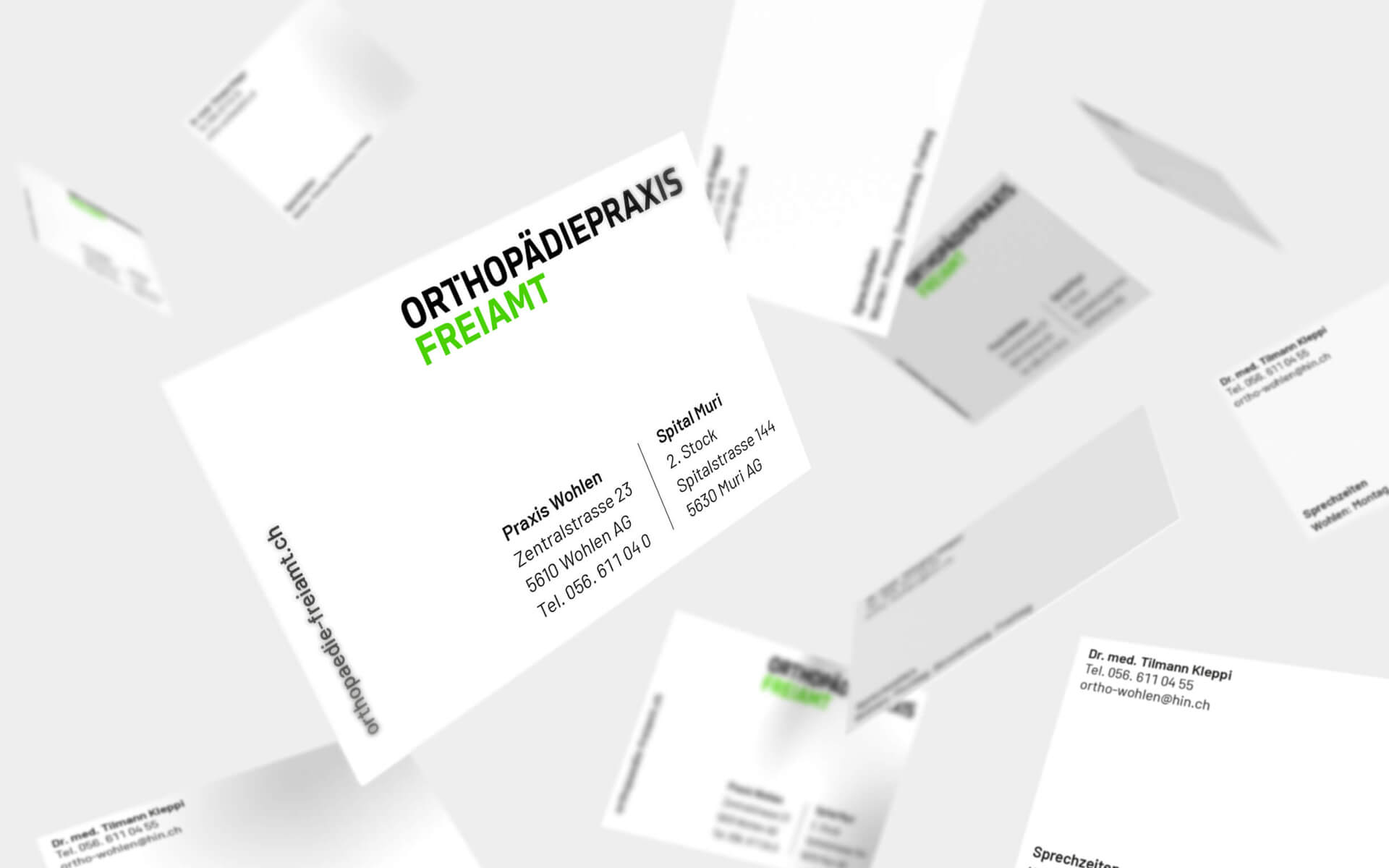 Corporate Design und Webdesign, Orthopädiepraxis Freiamt in der Schweiz, Gestaltung der Visitenkarte