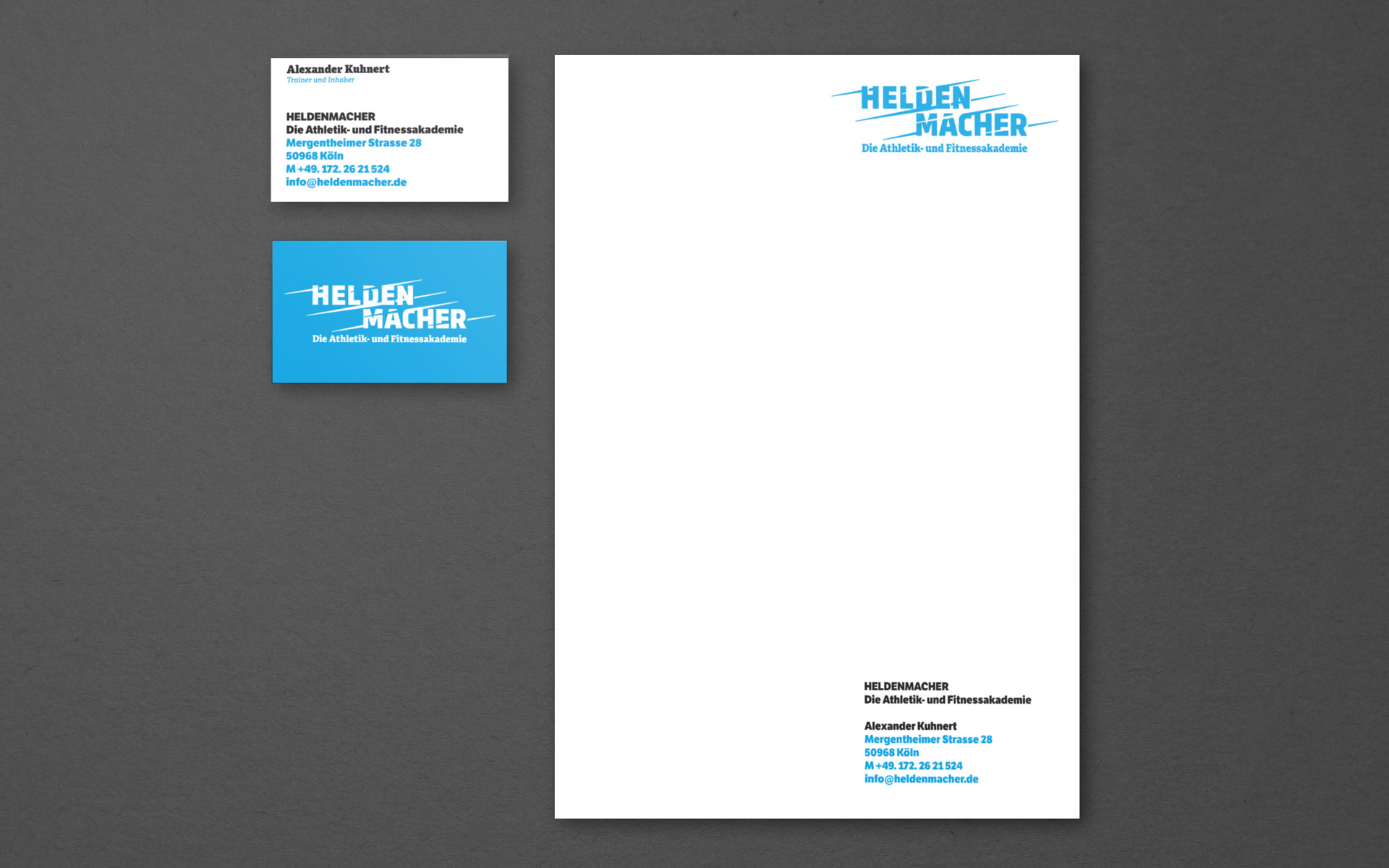 Corporate Design HELDENMACHER, Stationery, Entwurf der Geschäftsausstattung, Briefbogen und Visitenkarte